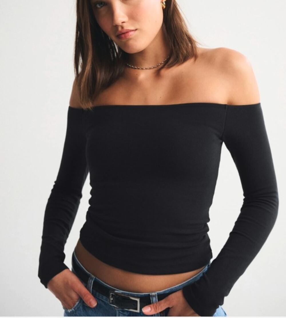 Abercrombie & Fitch Bra-Free Off Shoulder Long Sleeve Top Size S Black Edgy
